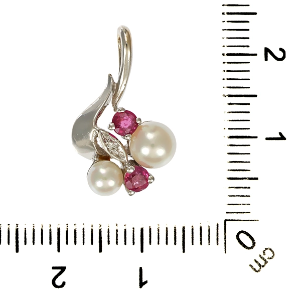 Anhänger, 14K, Weißgold, Rubin, Perle, Diamant