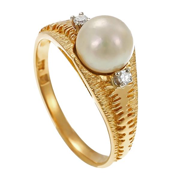 Ring, 18K, Gelbgold, Perle, Diamanten