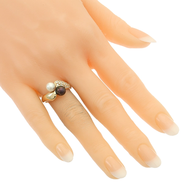 Ring, 14K, Gelbgold, Perlen, Diamanten 0,21 ct