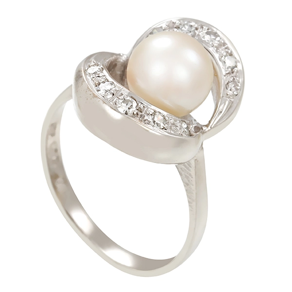 Ring, 14K, Weißgold, Perle, Diamant