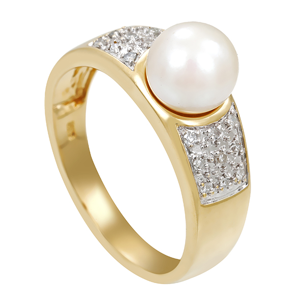 Ring, 14K, Gelb-/Weißgold, Perle, Diamanten