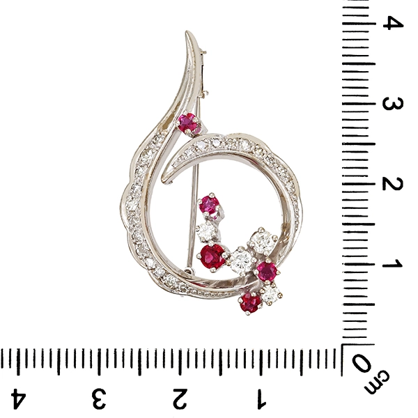 Brosche, 14K, Weißgold, Brillant, Diamant, Rubin