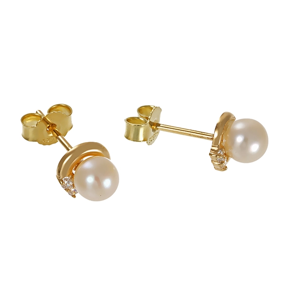 Ohrstecker, 14k, Gelbgold. 2 Zuchtperlen, 2 zirkonia