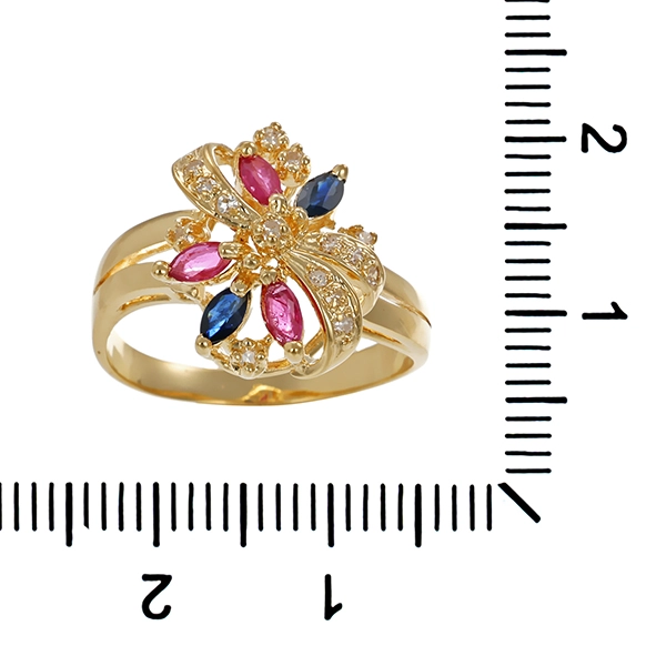 Ring, 14K, Gelbgold, Diamanten, Saphir, Rubin