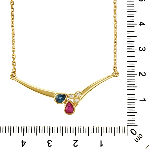 Collier, 14K, Gelbgold, Rubin, Saphir, Brillanten