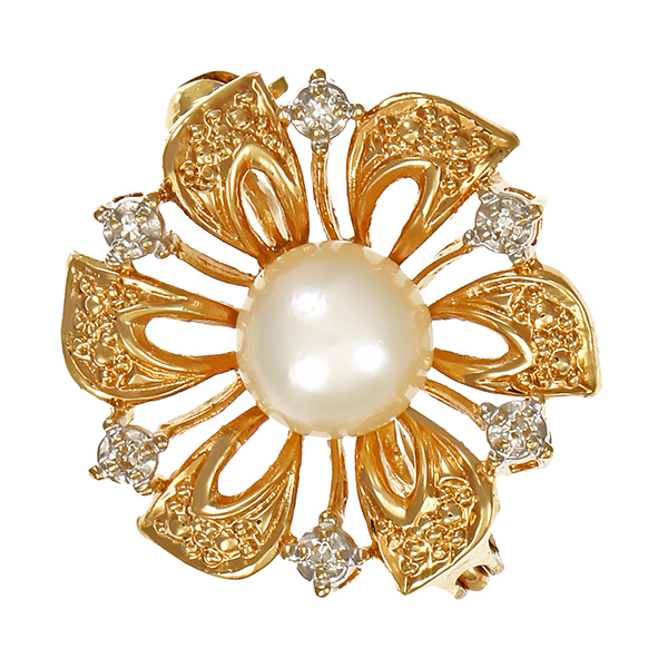 Brosche, 14K, Gelb-/Weißgold, Diamanten, Perle 