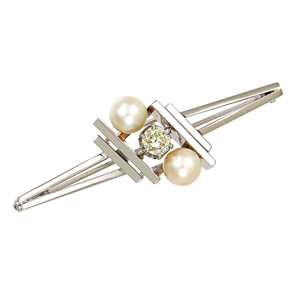 Brosche, 14K, Weißgold, Zuchtperlen, Diamant