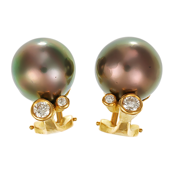 Ohr-Clips, 18K, Gelbgold, Perle, Brillanten