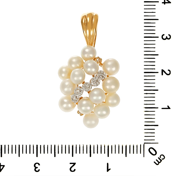 Anhänger, 14K, Gelb-/Weißgold, Perlen, Diamanten