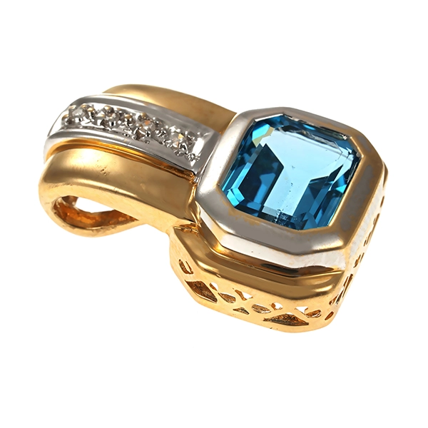 Anhänger, 14K, Gelb-/Weißgold, Topas blau, Diamant