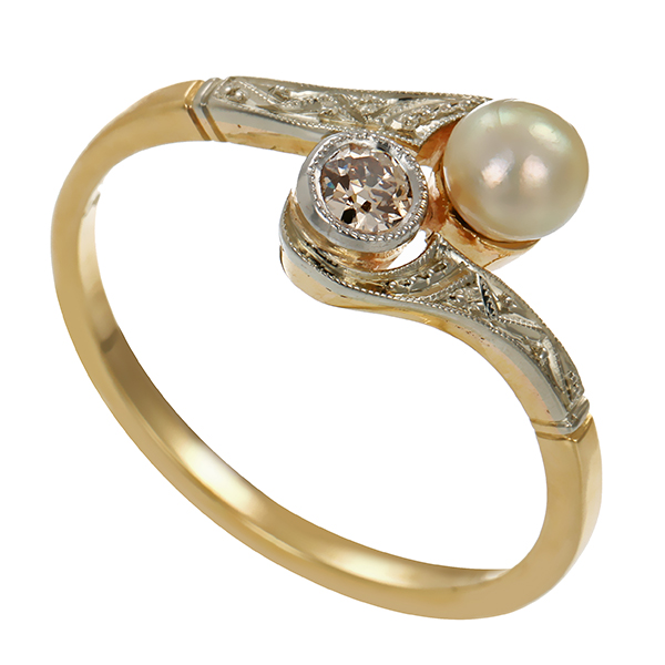 Ring, 14K, Gelb-/Weißgold, Diamant, Perle