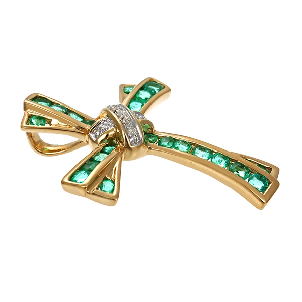 Anhänger, 14K, Gelbgold, Smaragde, Diamanten, Kreuz