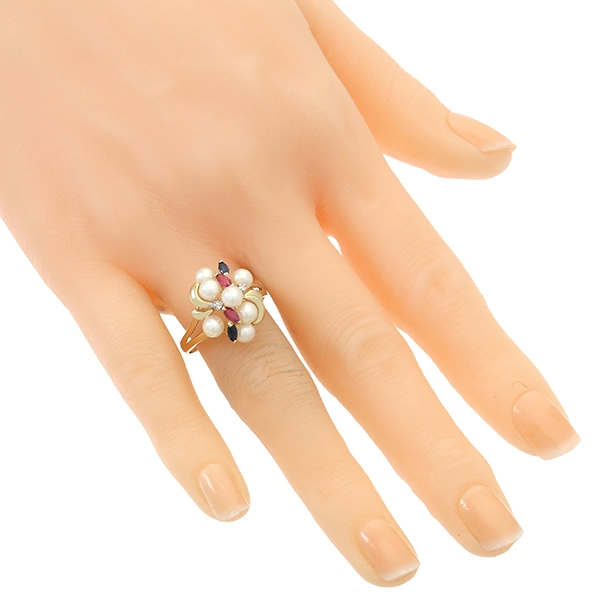 Ring, 14K, Gelbgold, Perlen, Rubine, Saphire, Brillanten
