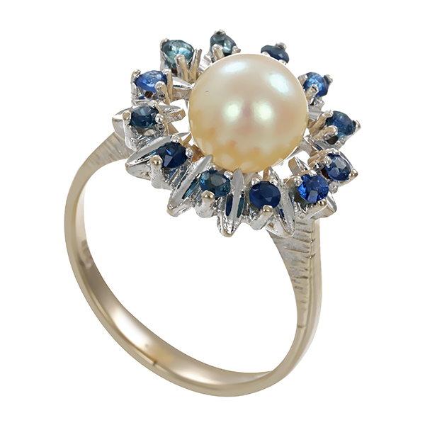 Ring, 14K, Weißgold, Saphir, Perle