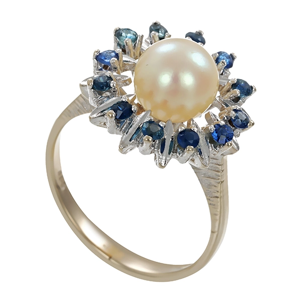 Ring, 14K, Weißgold, Saphir, Perle