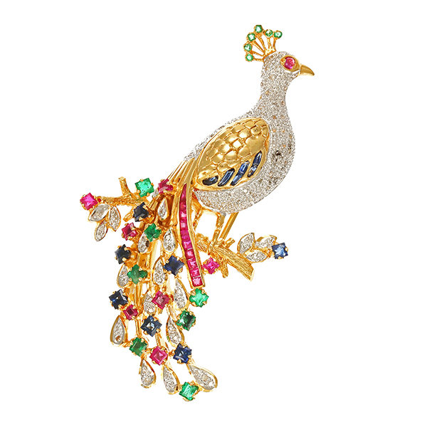 Brosche, 14K, Gelb-/Weißgold, Rubin, Saphir, Smaragd, Diamant