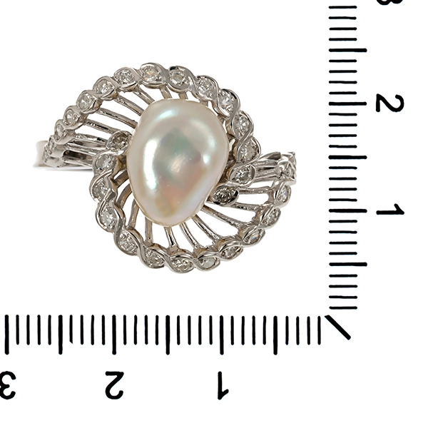Ring, 14K, Weißgold, Perle, Diamant