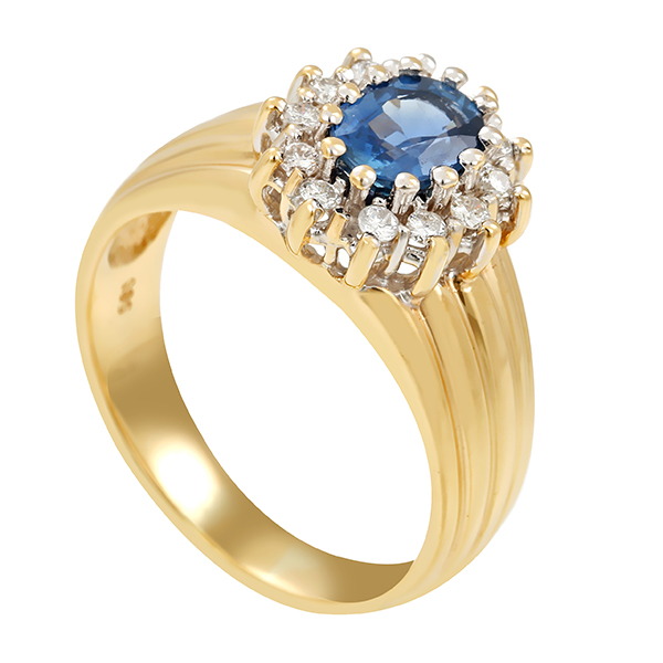 Ring, 14K, Gelb-/Weißgold, synthet. Saphir, Brillant