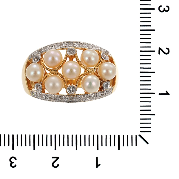 Ring, 14K, Gelb-/Weißgold, Perlen, Diamanten