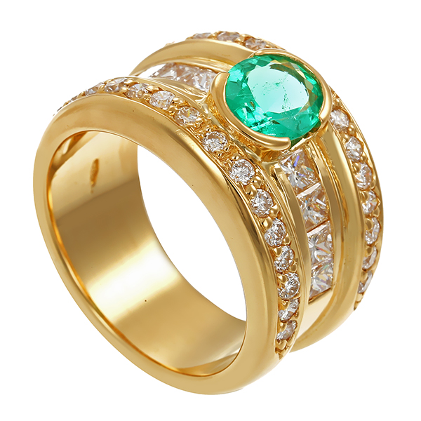 Ring, 18K, Gelbgold, Smaragd, Brillanten, 0,60ct, Diamanten, 0,80ct