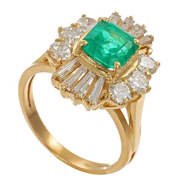 Ring, 18K, Gelbgold, Smaragd, Brillanten, Diamanten