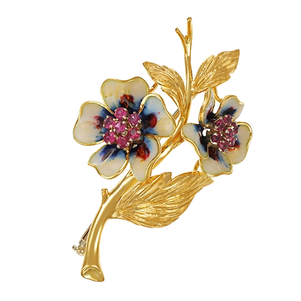 Brosche, 18K, Gelbgold, Emaille, Rubine