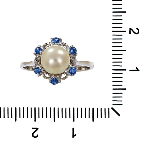 Ring, 18K, Weißgold, Perle, Saphir