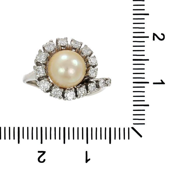 Ring, 14K, Weißgold, Perle, Brillanten 1,00 ct