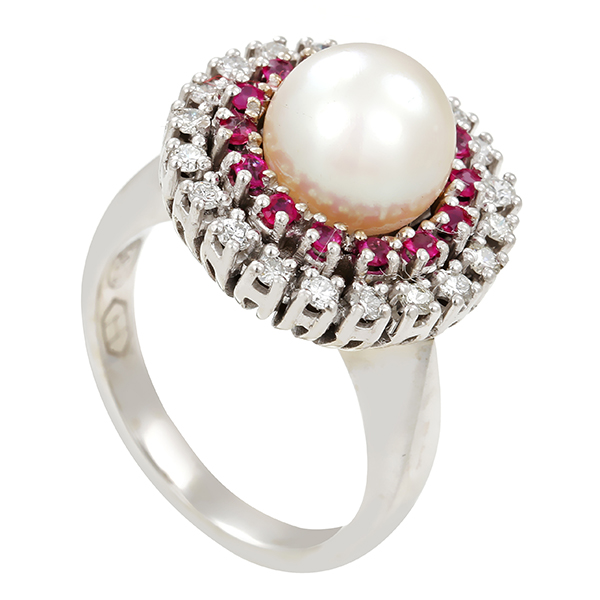 Ring, 14K, Weißgold, Perle, Rubine, Brillanten 0,40 ct