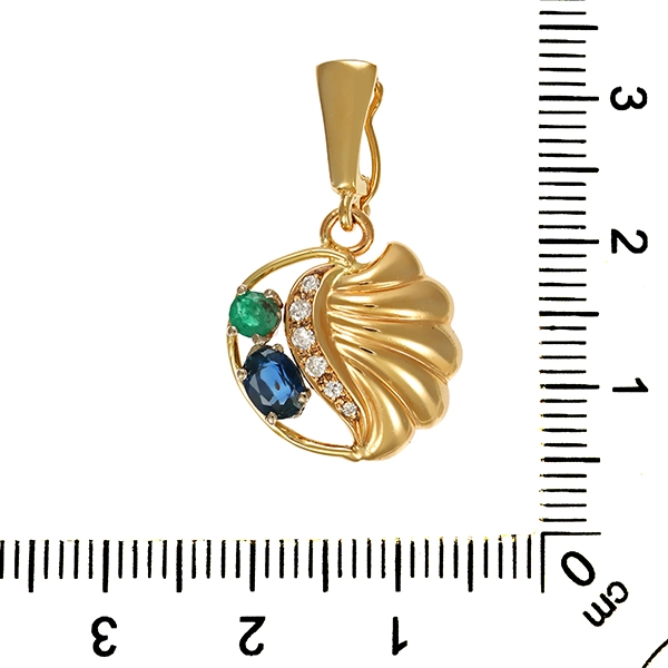 Anhänger, 14K, Gelbgold, 1 Saphir, 1 Smaragd, 6 Brillanten