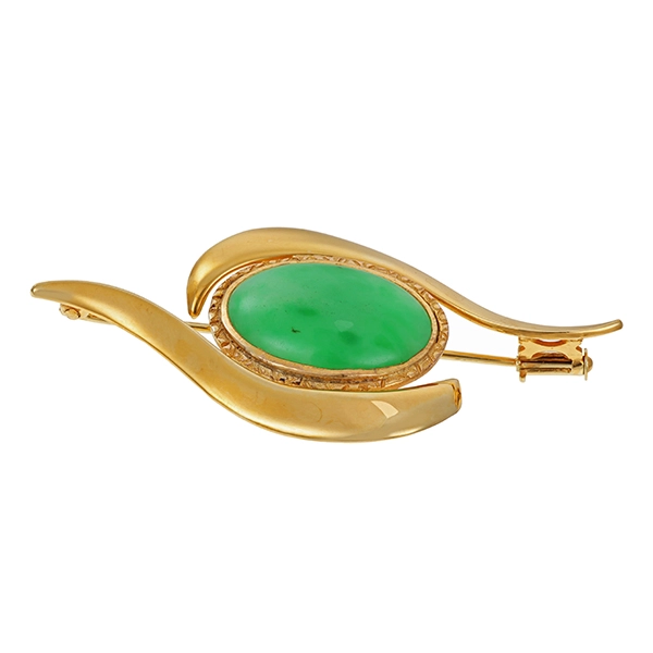 Brosche, 14K, Gelbgold, Jade