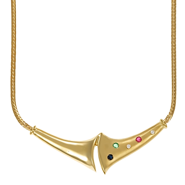Collier, 14K, Gelbgold, Smaragd, Saphir, Rubin, Zirkonia
