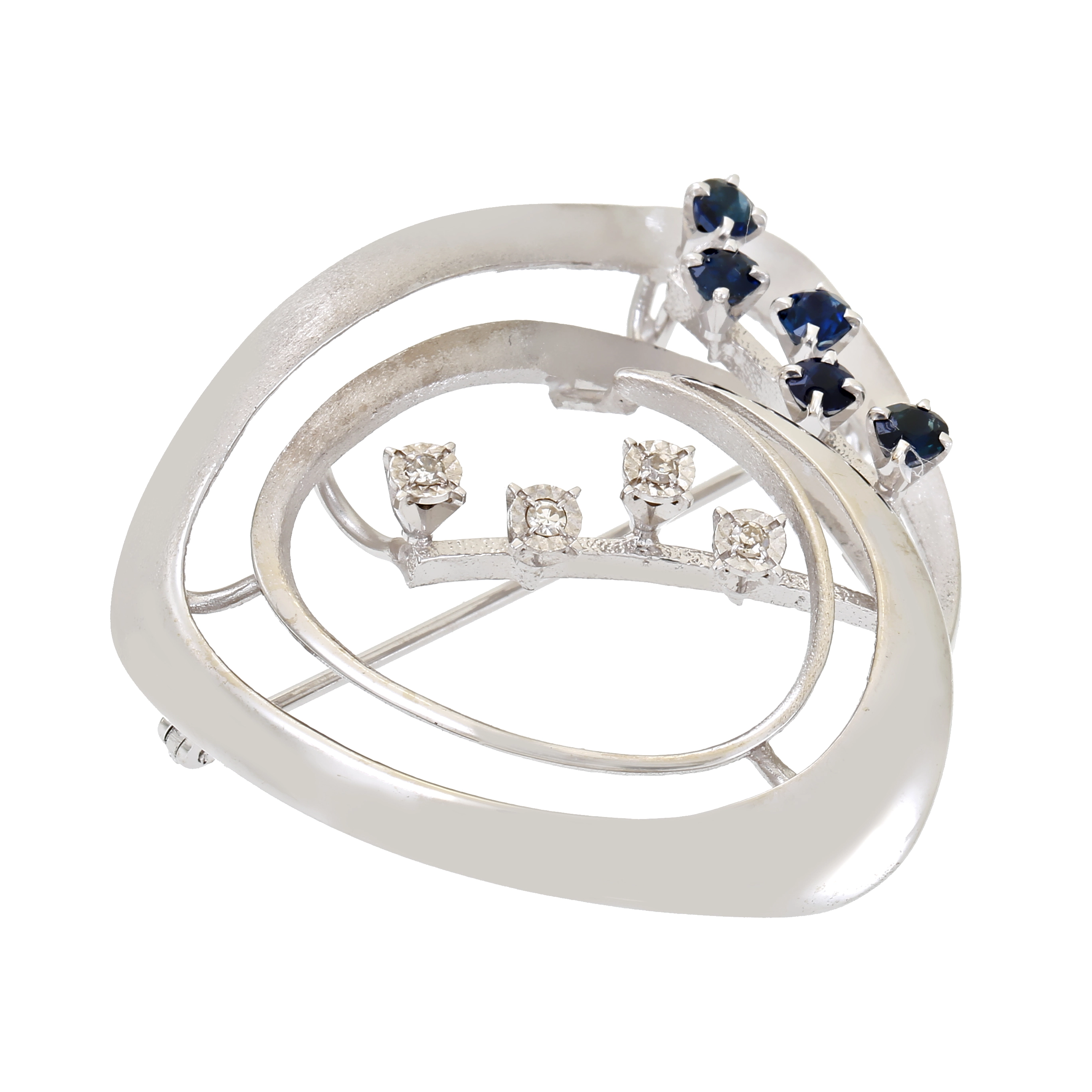 Brosche, 14K, Weißgold, Saphire, Diamanten