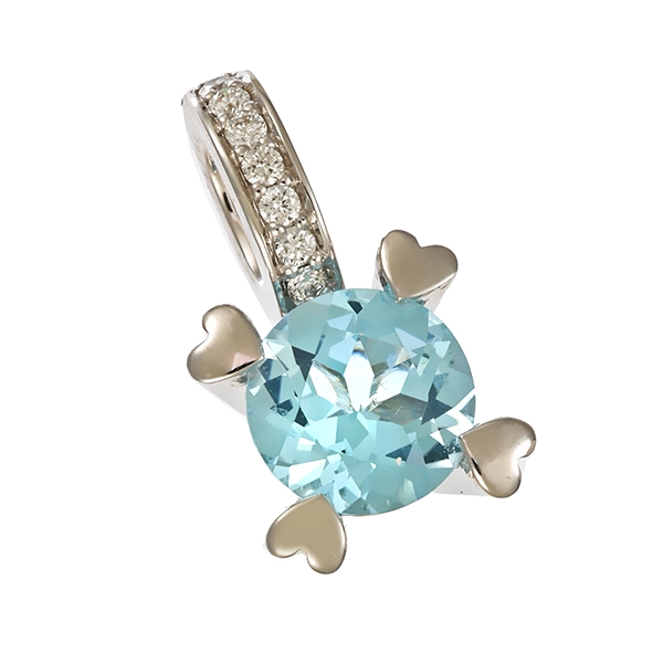 Anhänger, 14K, Weißgold, Topas blau, Diamant