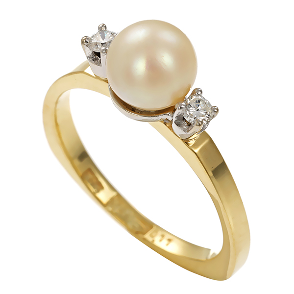 Ring, 14K, Gelbgold, Perle, Brillanten