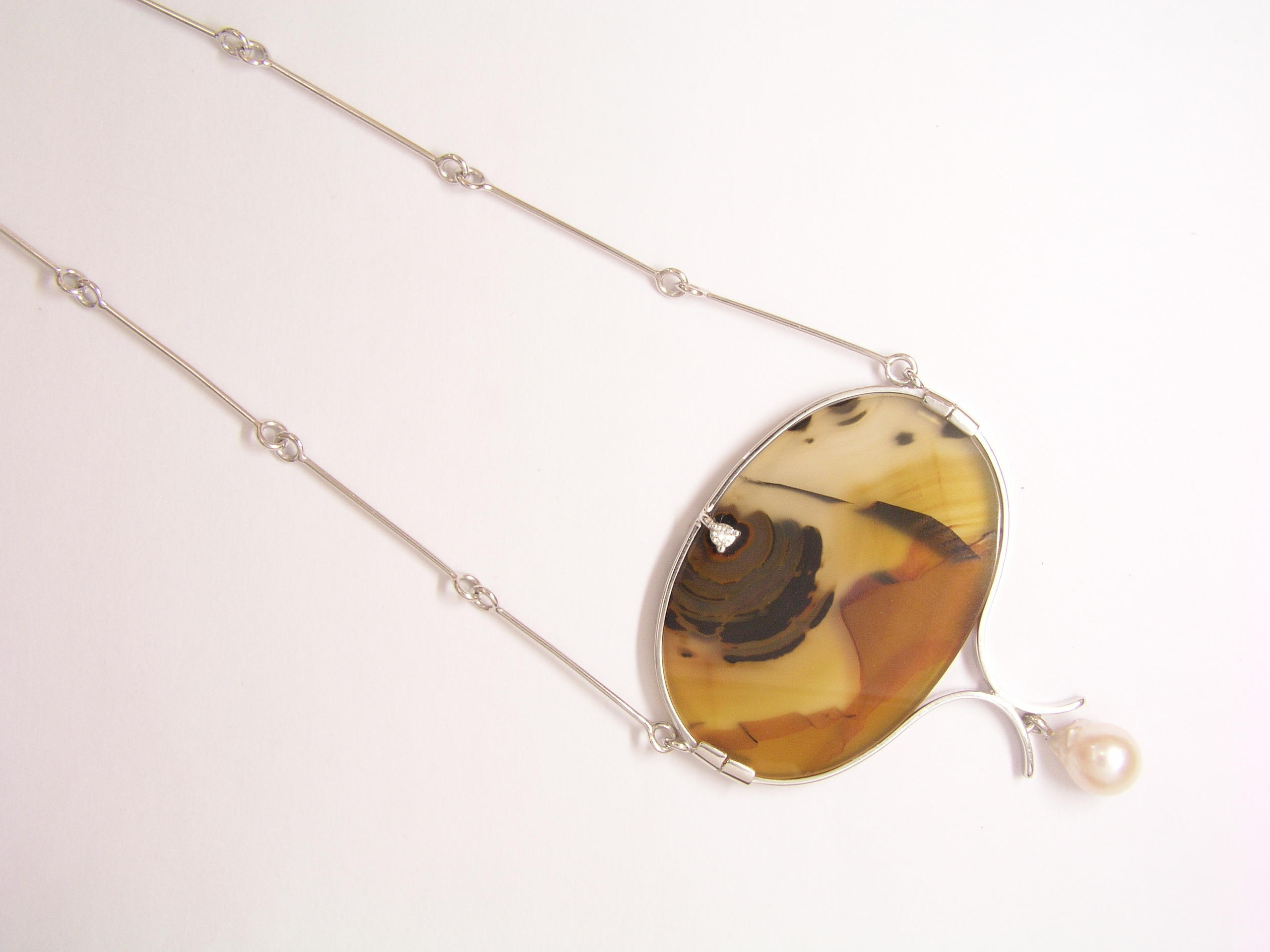 Collier, 18K, Weißgold, Achat, Brillant