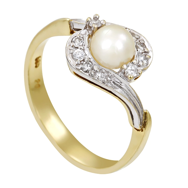 Ring, 14K, Gelb-/Weißgold, Perle, Brillanten 0,12 ct