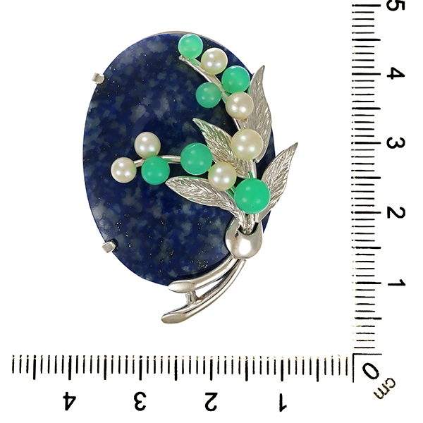 Brosche, 14K, Weißgold, Lapis, Perlen, Chrysoprase