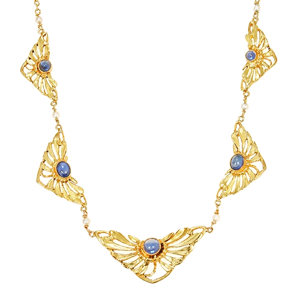 Collier, 18K, Gelbgold, Saphir, Perlen