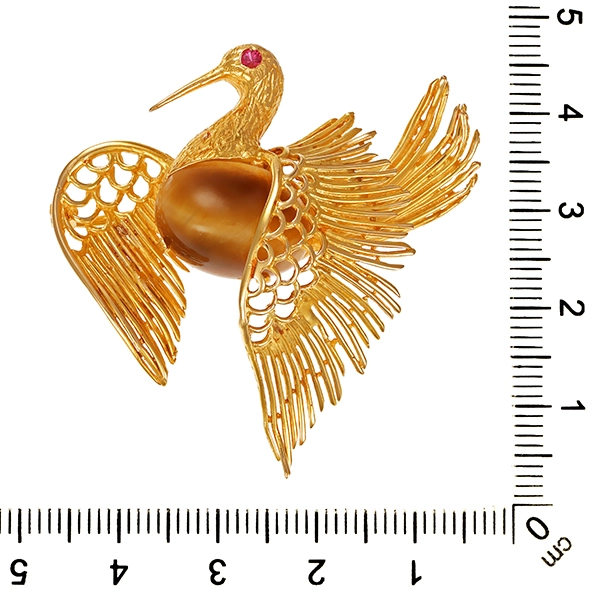 Brosche, 18K, Gelbgold, Tigerauge, Rubin