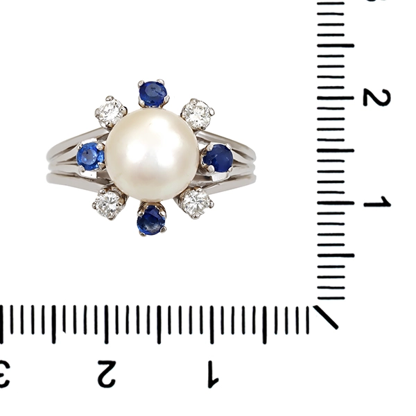 Ring, 18K, Weißgold, Perle, Saphir, Brillanten