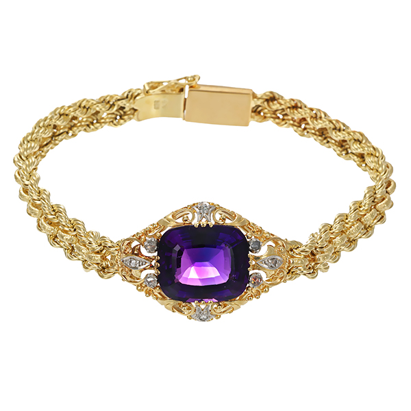 Armband, 14K, Gelb-/Weißgold, Amethyst, Diamantrosen