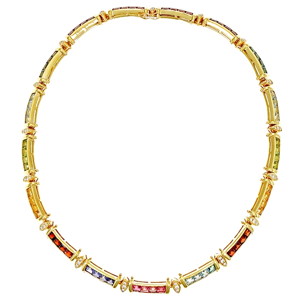 Collier 750 / 67,60gr Gelbgold  L 41cm Fremdzertifikat  51 Brill. z.ca.  1,02ct  W (H) VS-SI 20 Turmaline 8 Amethyste 4 Topase 8 Peridot 8 Citrine 8 Granate 4 Tansanite 8 Aquamarine