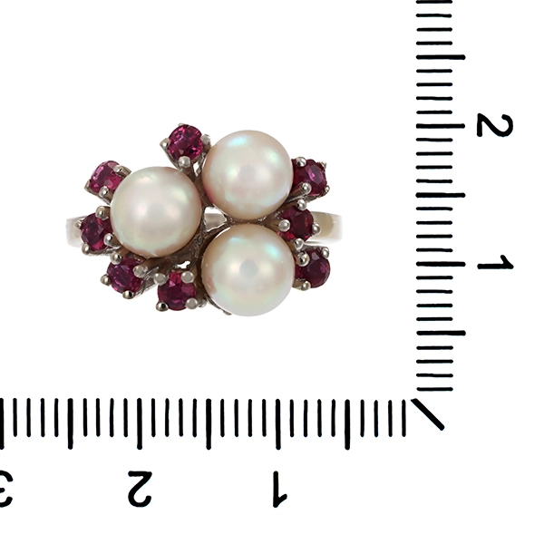 Ring, 14K, Weißgold, Rubine, Perlen