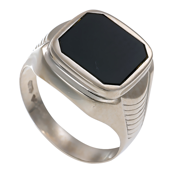 Herrenring, 14K, Weißgold, Onyx