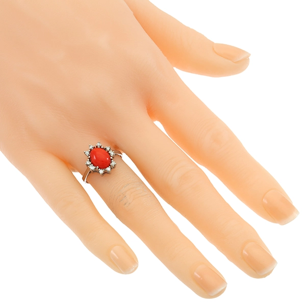 Ring, 14K, Weißgold, Koralle, Diamanten