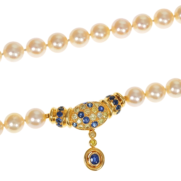 Collier, 18K, Gelbgold, Perlen, Brillant, Saphir
