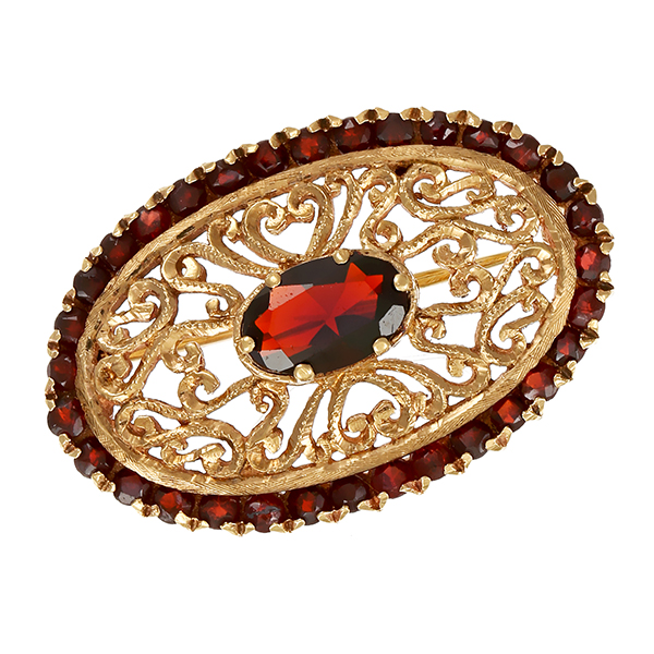 Brosche, 8K, Gelbgold, Granat