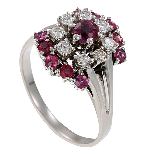 Ring, 14K, Weißgold, Rubine, Brillanten