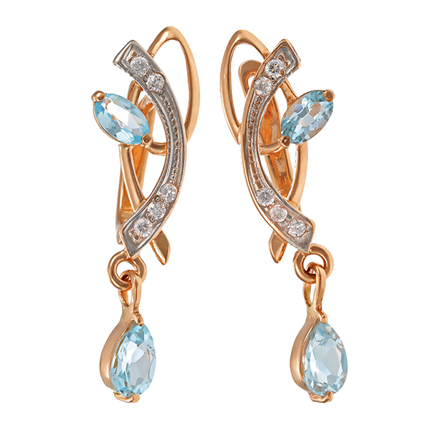 Ohrhänger, 14K, Weiß-/Rotgold, Zirkonia, Topas blau